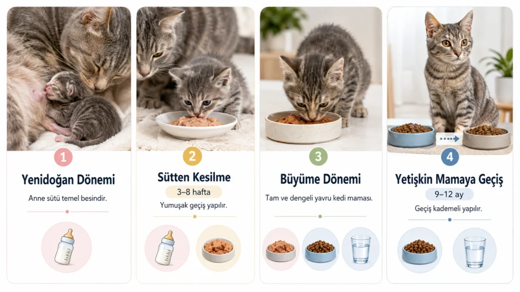 Yavru kedilerde süt dönemi, sütten kesme, büyüme ve erişkin mamaya geçiş aşamaları