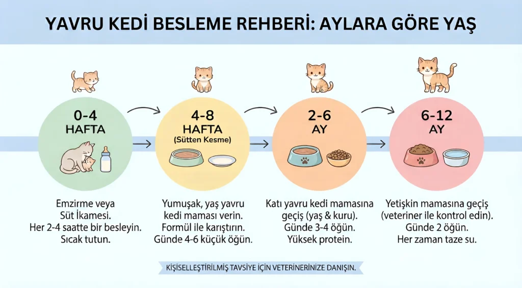 Yavru kediler için ay ay beslenme tablosu infografiği