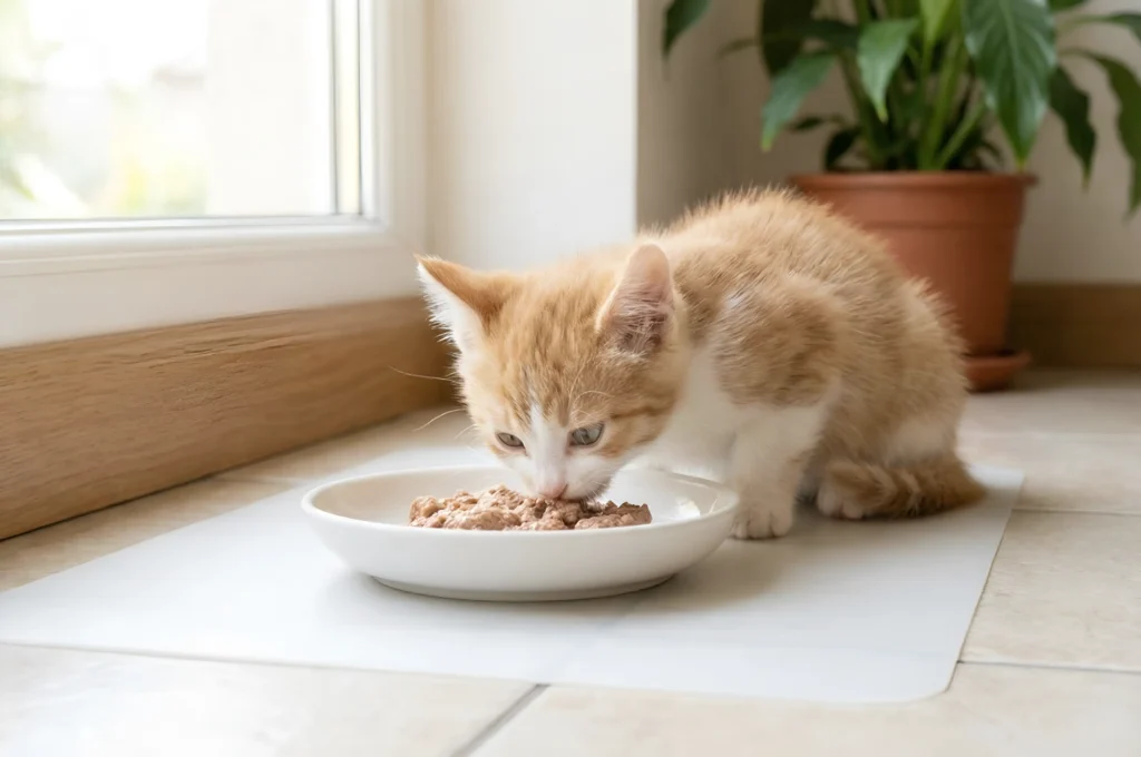 Yaş mama ile katı gıdaya geçen yavru kedi