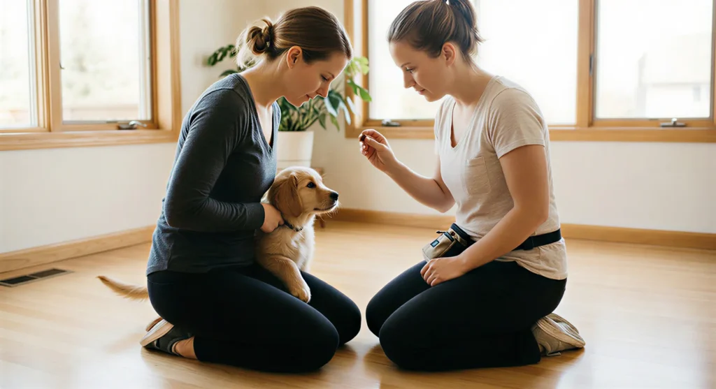 Yavru köpeğin eğitmen ile sakin bir eğitim seansı