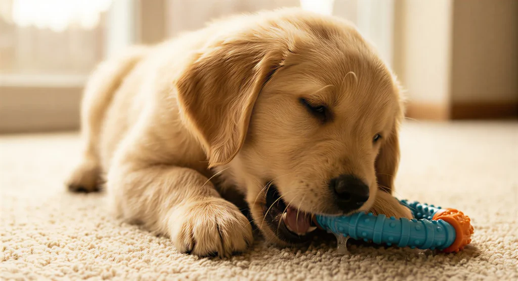 Diş kaşıma döneminde çiğneme oyuncağı kullanan yavru köpek