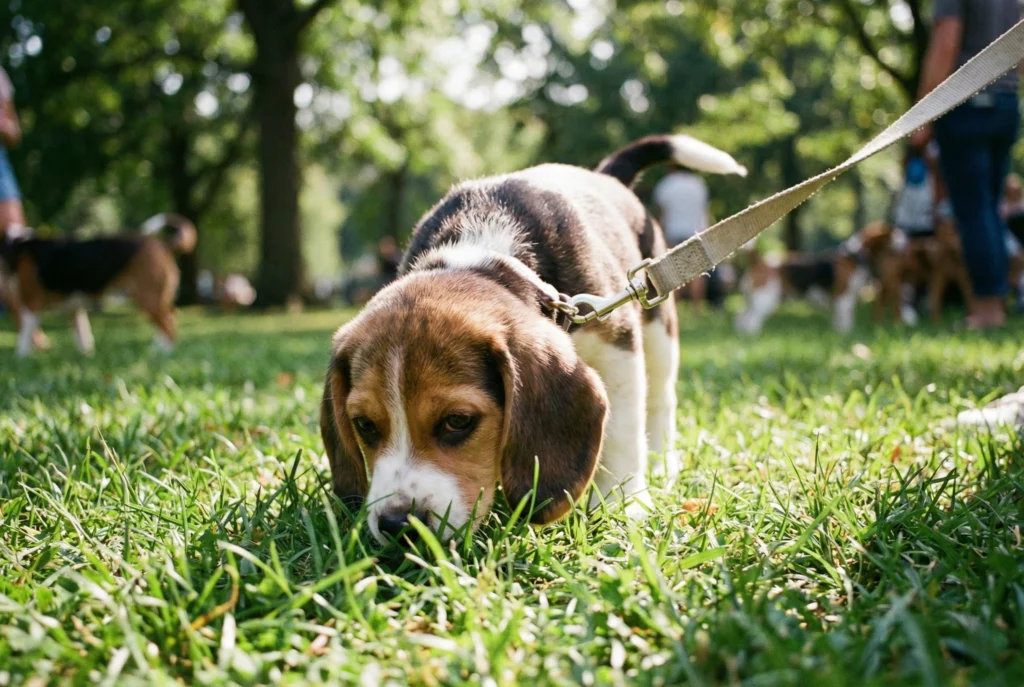 Bahçede veya parkta tuvaletini yapmak için yer arayan ve koklayan tasmalı yavru köpek.
