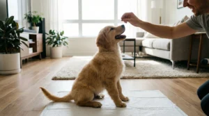 Yavru köpek tuvalet eğitiminde tuvalet pedine çişini yapan yavru köpeği ödüllendiren sahibi.