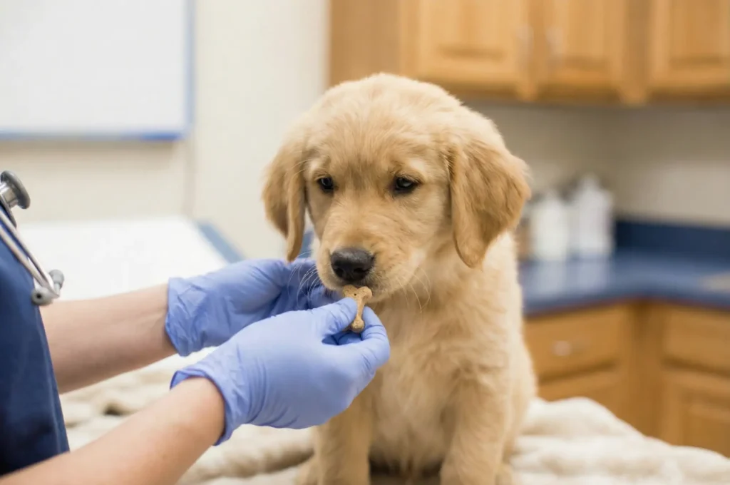 Veteriner hekimin yavru bir köpeğe bağışıklık sistemini desteklemek için probiyotik tablet vermesi.