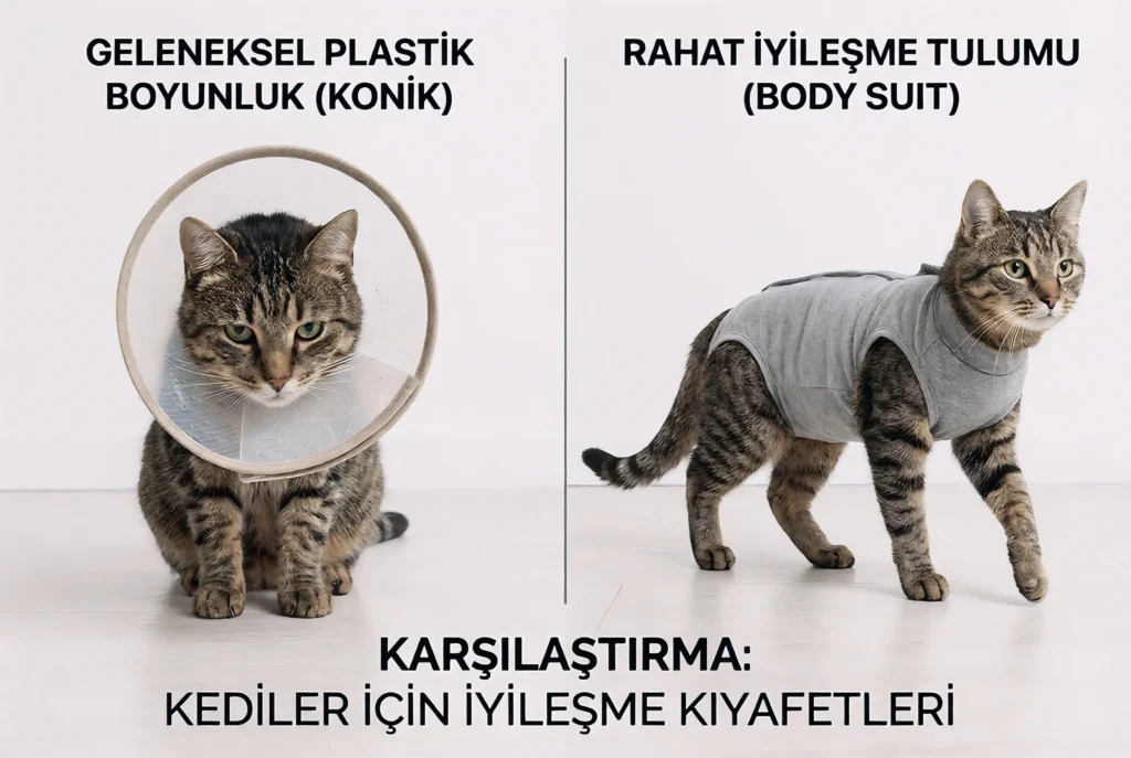 Bir yanda yakalık takan kedi, diğer yanda ameliyat body'si (Winpet) giyen kedi karşılaştırması.