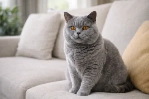 Duman rengi (Mavi), kehribar gözlü, tombul yanaklı bir British Shorthair kedisi koltukta asilce oturuyor.