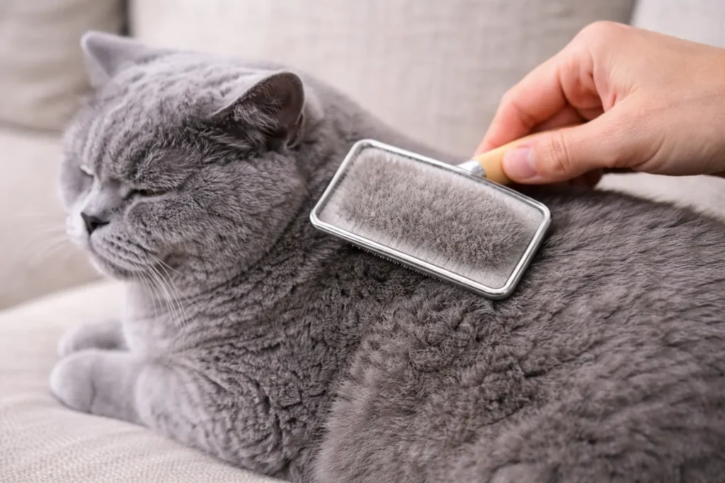 British Shorthair kedisinin sık ve peluş tüylerinin taranması.