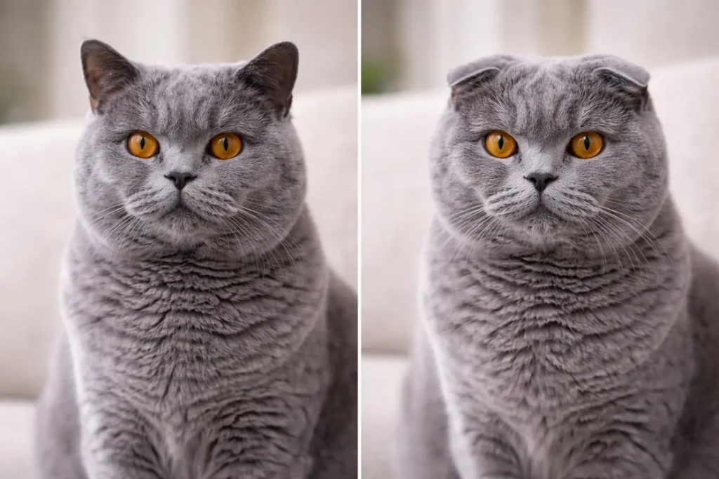 Dik kulaklı British Shorthair ve kıvrık kulaklı Scottish Fold kedisi yan yana.