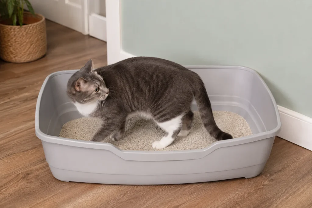 Kedinin rahatça dönüp kazabileceği geniş ve erişilebilir kedi kum kabı