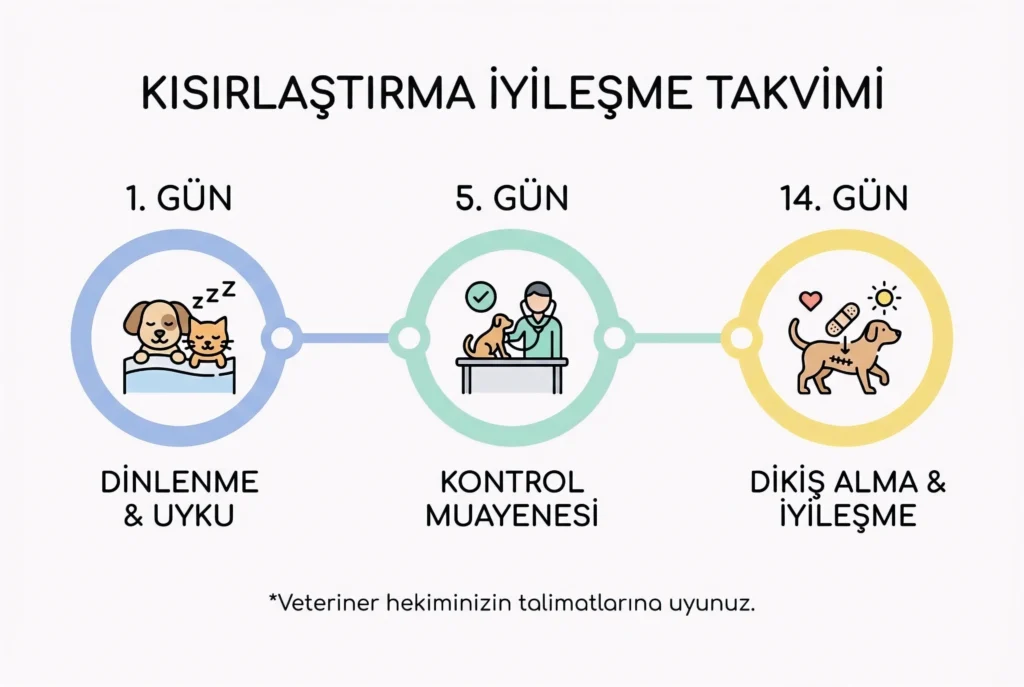 Kısırlaştırma sonrası 1. gün (dinlenme), 5. gün (kontrol) ve 14. gün (dikiş alımı) aşamalarını gösteren takvim.
