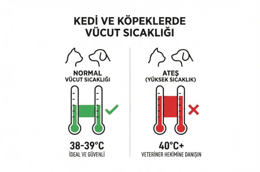Kedi ve köpeklerde normal vücut sıcaklığı ile ateş sınırlarını gösteren termometre grafiği.