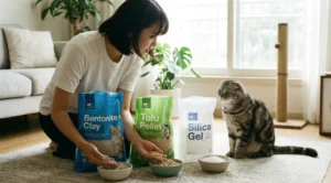 Farklı kedi kumu türlerini inceleyen kedi sahibi ve yanında meraklı kedisi