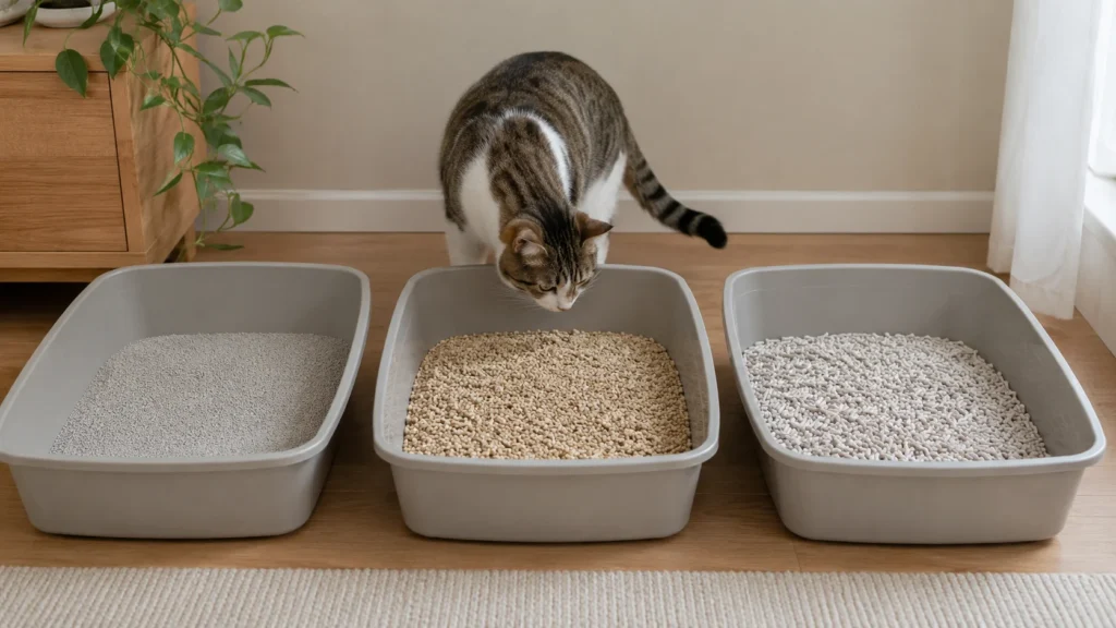 Farklı kokusuz kedi kumlarının ayrı kutularda sunularak kedinin substrat tercihinin gözlenmesi
