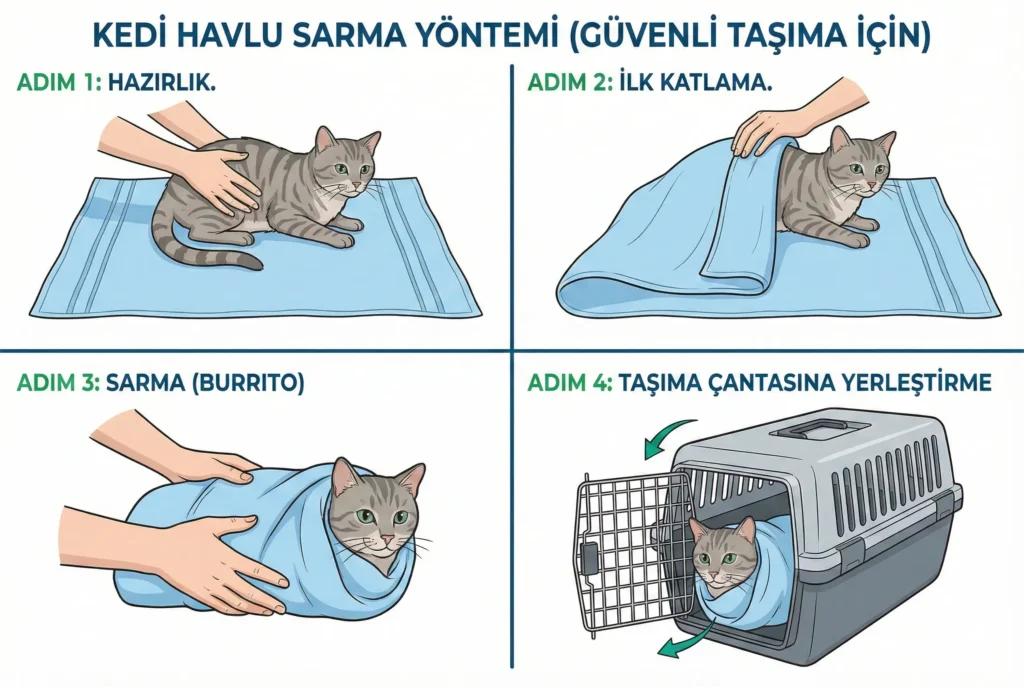 Kediyi havluya sararak taşıma çantasına koyma yöntemi (Taco tekniği)