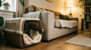 Kedi taşıma çantası box eğitimi ile birlikte salonun ortasında duran taşıma çantasının içinde huzurla uyuyan bir kedi