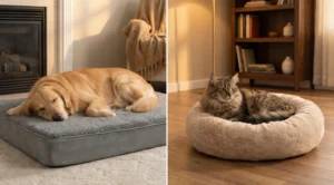 Kedi ve köpek yatağı seçimi sonrasında ortopedik yatakta yatan büyük bir köpek ve donut yatakta uyuyan bir kedi