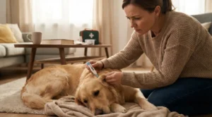 kedi ve köpeklerde ateş nasıl ölçülür konusunda Hasta görünen bir köpeğin ateşini dijital termometre ile ölçen endişeli sahip.