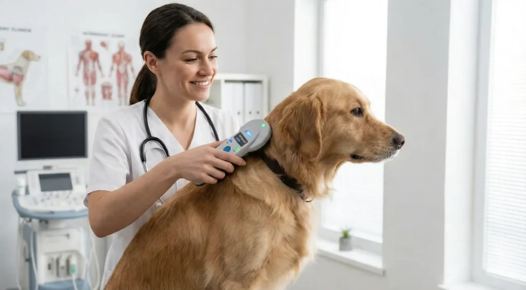 Bir veteriner hekimin elinde tuttuğu mikroçip okuyucuyu sevimli bir köpeğin ensesine yaklaştırması ve bip sesiyle okuması.