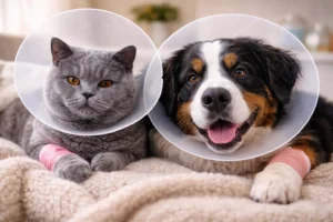 Kısırlaştırma sonrası bakım için boynunda şeffaf Elizabeth yakalık olan, sıcak bir battaniye üzerinde huzurla uyuyan bir köpek ve kedi.