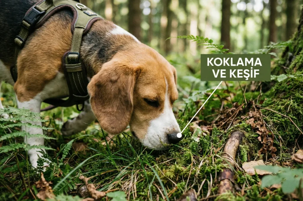 Ormanda burnuyla yeri koklayan, uzun tasmalı sakin bir köpek (Sniffari)