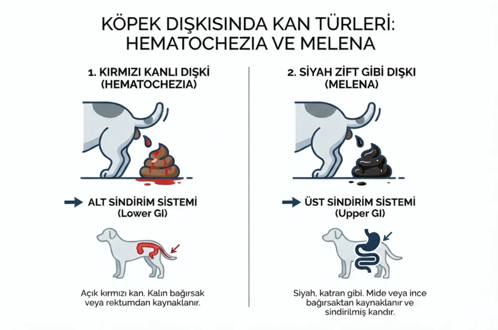 Köpeklerde kanlı ishal konusunda dışkıda kırmızı kan (kalın bağırsak) ve siyah kanın (mide kanaması) farkını gösteren tıbbi infografik.