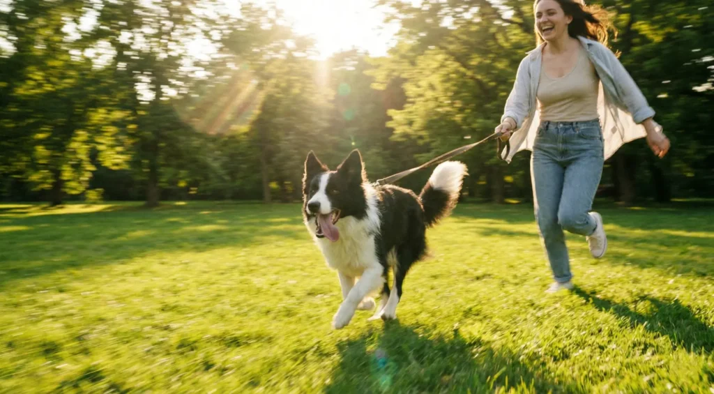 Güneşli bir günde parkta sahibiyle koşan, enerjik bir Border Collie