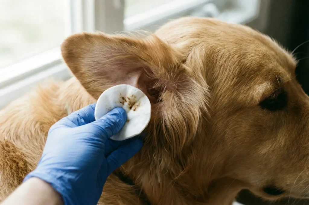 Köpeğin kulağının dış kısmındaki kirlerin makyaj pamuğu ile silinmesi.