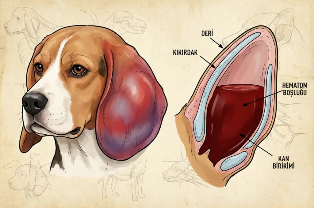 Kulağı şişmiş (otohematom) bir köpeğin illüstrasyonu veya görüntüsü
