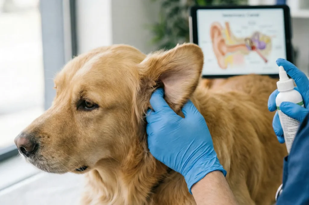 Köpeğin kulak tabanına masaj yaparak temizleme solüsyonunun dağıtılması