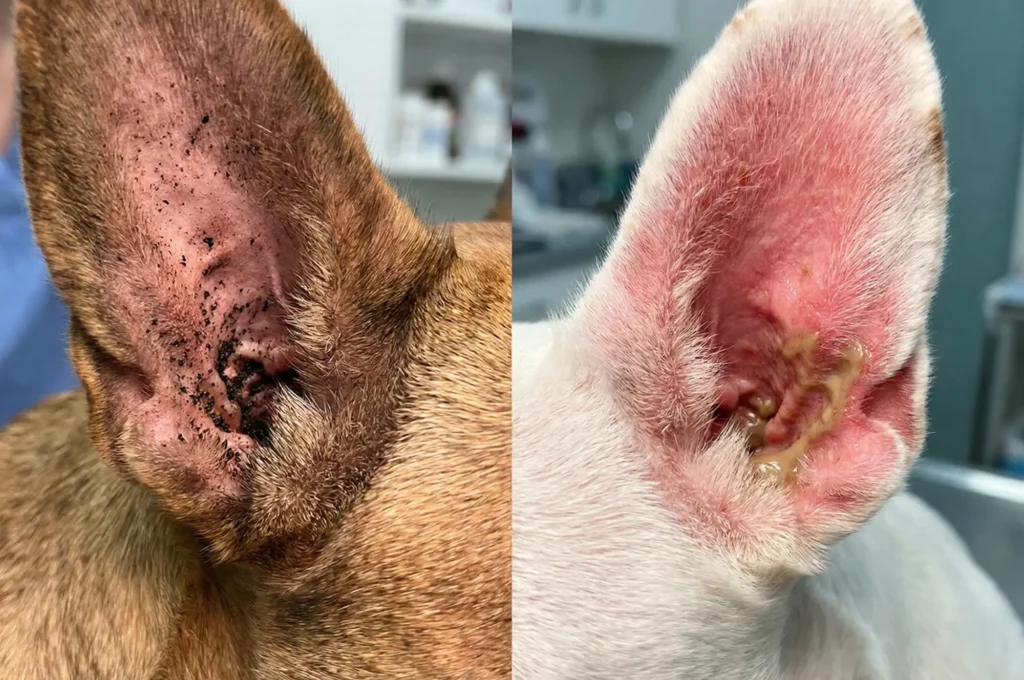 Köpek kulağında kulak uyuzu (kahve telvesi) ile mantar enfeksiyonu (kızarıklık/ıslaklık) karşılaştırması.