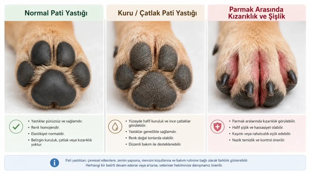 Normal pati yastığı, yüzeysel çatlak ve parmak arası inflamasyonun karşılaştırılması