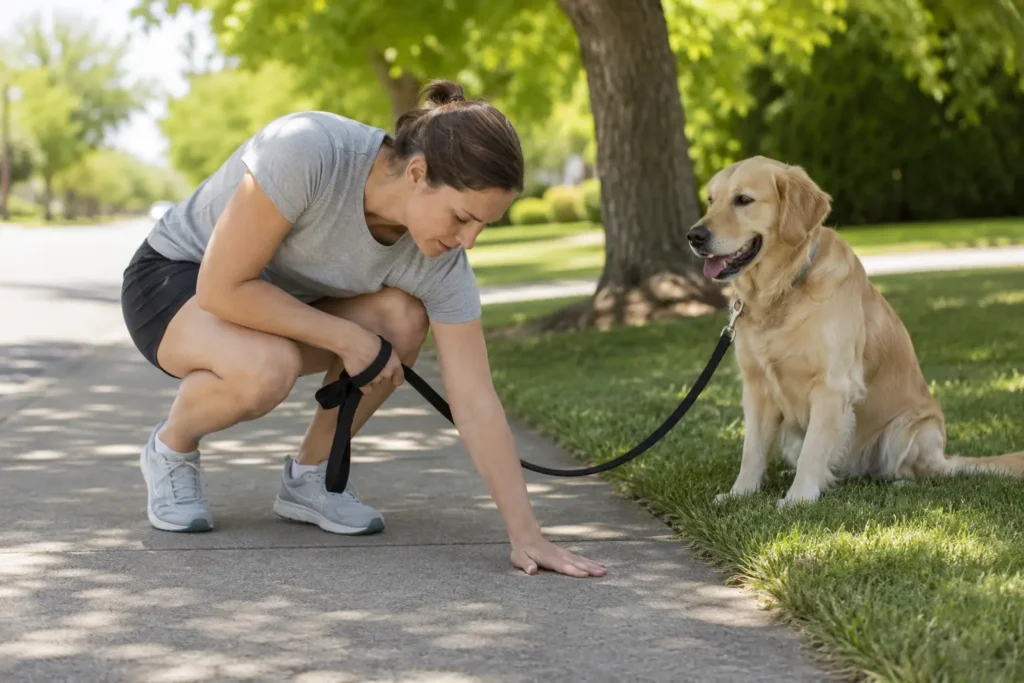 Köpeği yürüyüşe çıkarmadan önce sıcak zemini elle kontrol eden sahibi