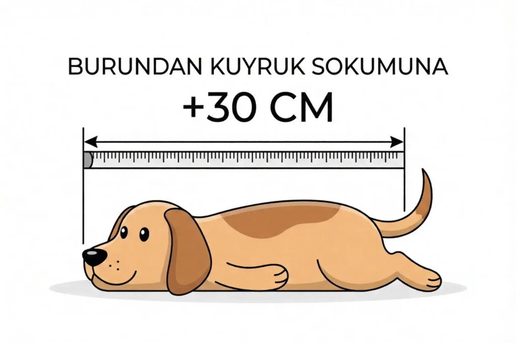 Köpek yatağı ölçüsü almak için köpeğin burun ucundan kuyruk sokumuna ölçülmesi