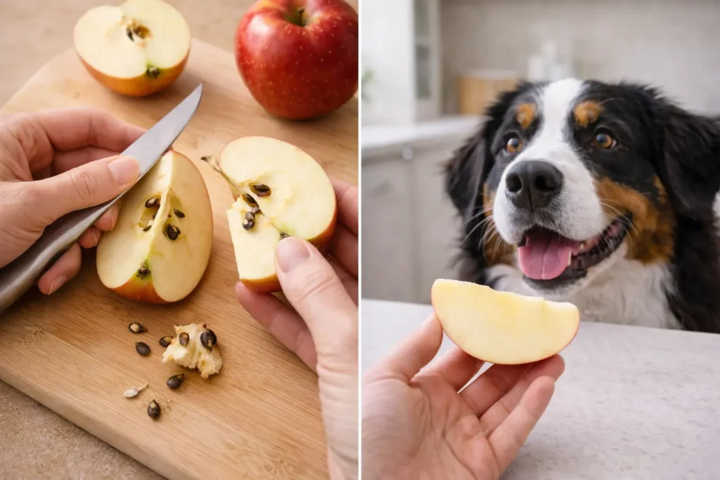 Bir kişinin elmayı dilimleyip çekirdeklerini titizlikle çıkardıktan sonra köpeğine uzatması.