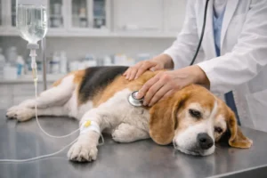 Veteriner kliniğinde serum takılı, halsiz yatan bir köpek ve başında kontrol yapan veteriner hekim