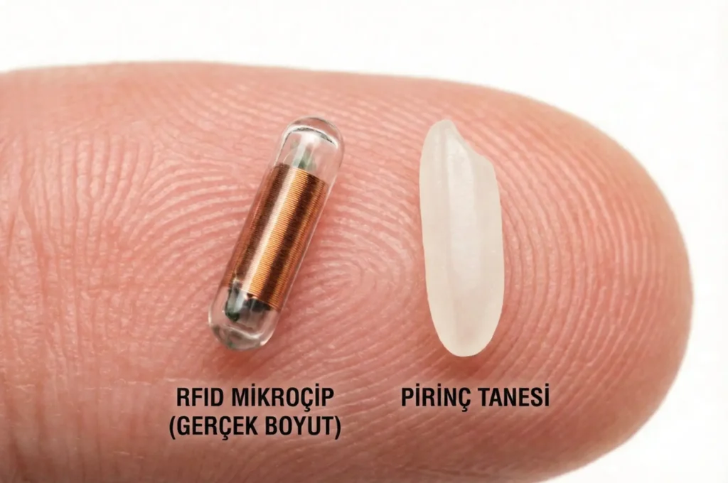 Bir insan parmağının ucunda duran pirinç tanesi ve hemen yanında aynı boyuttaki mikroçip.