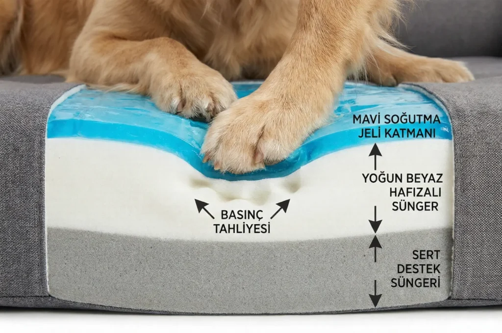 Köpek yatağının içindeki memory foam (akıllı sünger) katmanlarını gösteren kesit