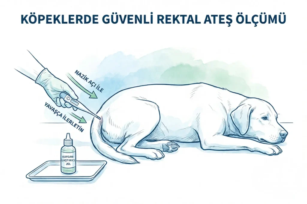 Köpeklerde rektal ateş ölçümünün nasıl yapılacağını gösteren eğitici veteriner çizimi.