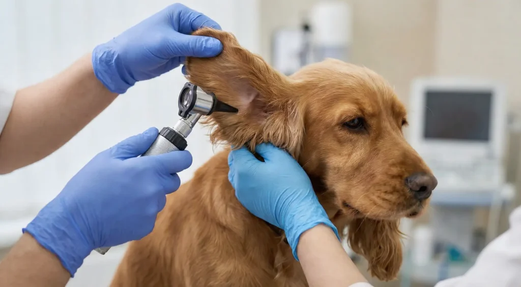 Köpeklerde kulak temizliği yapan veteriner