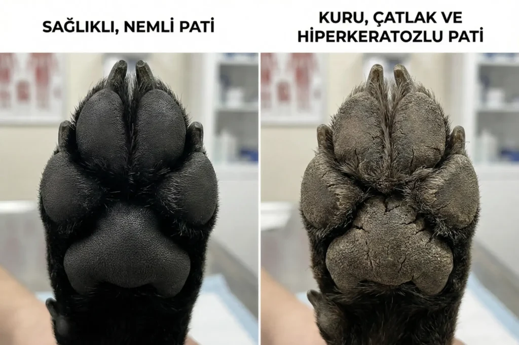 Sağlıklı siyah pati yastığı ile kurumuş çatlamış patinin karşılaştırması