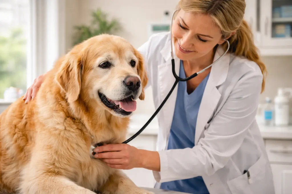 Veteriner hekimin yaşlı bir köpeği stetoskop ile muayene etmesi.