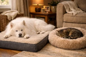 Yaşlı kedi ve köpek için ortopedik yatakta dinlenen, yüzü beyazlamış yaşlı bir Golden Retriever köpek ve yanında uyuyan yaşlı bir kedi.