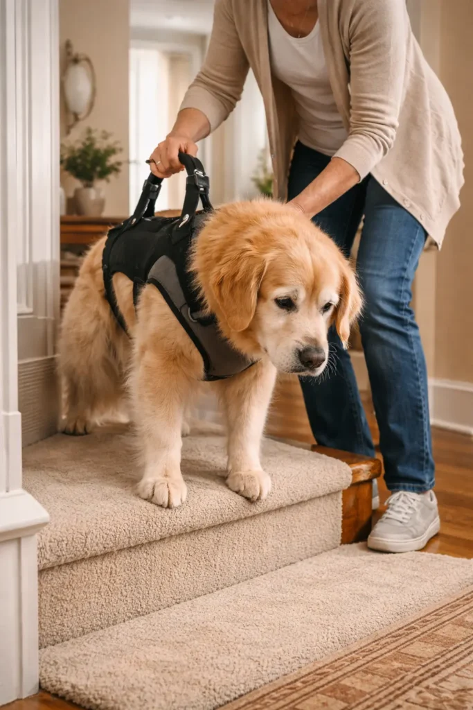 Merdiven çıkarken zorlanan yaşlı köpeğe nazikçe destek olan sahibi (eklem ağrısı farkındalığı).