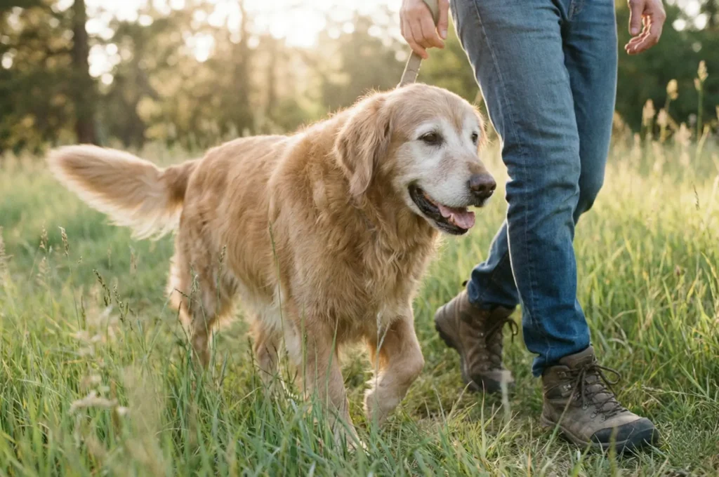 Yaşlı bir köpeğin (Golden Retriever) çimlerde yavaşça ve mutlu bir şekilde yürümesi