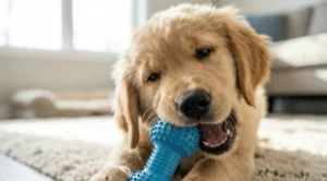 Yavru köpek diş çıkarma sürecinde mavi bir kauçuk çiğneme oyuncağını hevesle kemiren sevimli Golden Retriever yavrusu.