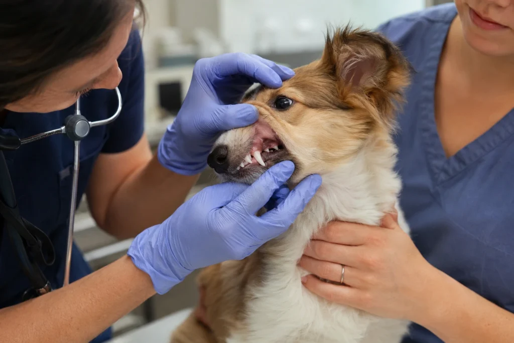 Kalıcı ve süt dişlerinin gelişimi veteriner hekim tarafından kontrol edilen yavru köpek