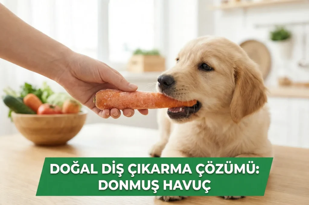 Yavru köpeğe diş kaşıntısını alması için donmuş havuç veren bir el.