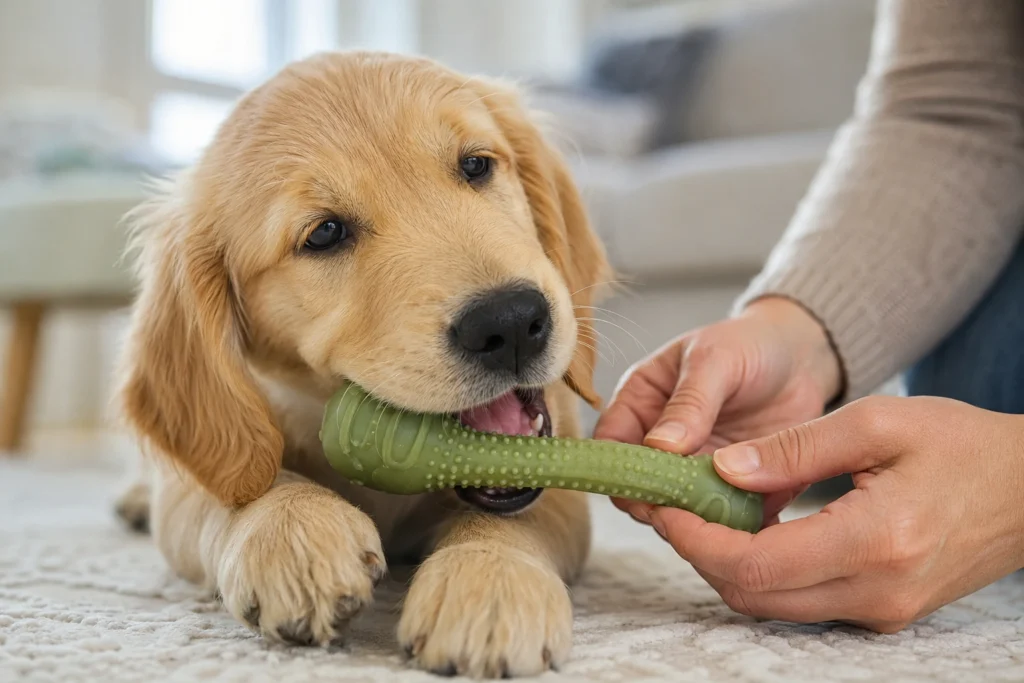 Diş değiştirme döneminde yavru köpeğin boyutuna uygun esnek kauçuk çiğneme oyuncağı