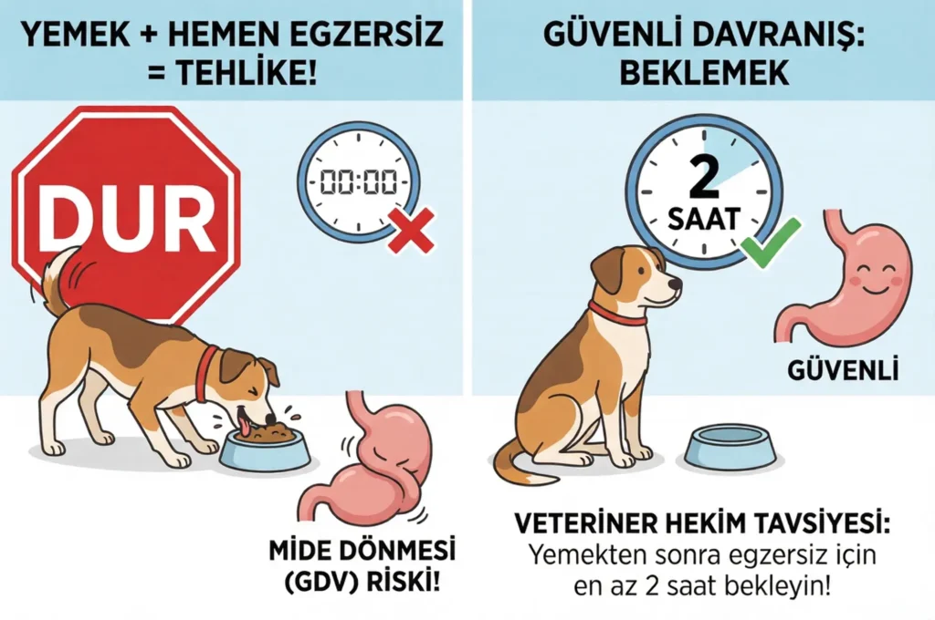 Köpeklerde yemek sonrası egzersizin mide dönmesi riskini gösteren uyarı görseli