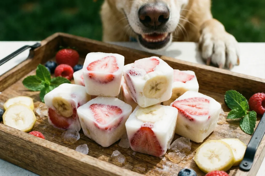Buz kalıbında dondurulmuş, içinde meyve parçacıkları olan yoğurtlu köpek ödülü.